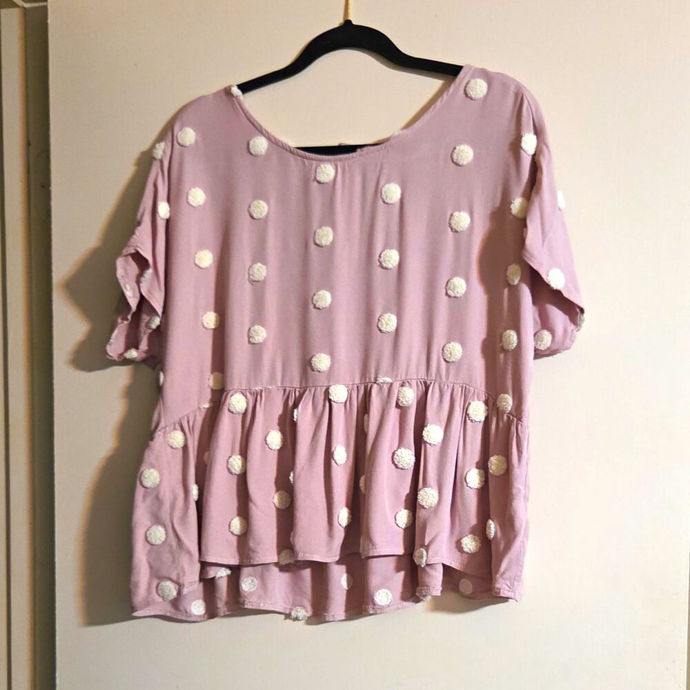 Blu Pepper Pink/White Polka Dot Woven Rayon Button Front Blouse, L